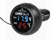 Zástrčka zapalovače 12/24V USB 2,1A s voltmetrem a teploměrem 
